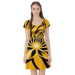 Black Yellow Abstract Floral Pattern Short Sleeve Skater Dress by SpinnyChairDesigns