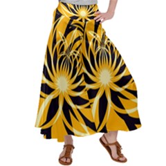 Black Yellow Abstract Floral Pattern Satin Palazzo Pants by SpinnyChairDesigns