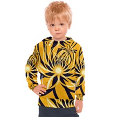 Black Yellow Abstract Floral Pattern Kids  Hooded Pullover by SpinnyChairDesigns