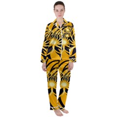 Black Yellow Abstract Floral Pattern Satin Long Sleeve Pyjamas Set by SpinnyChairDesigns