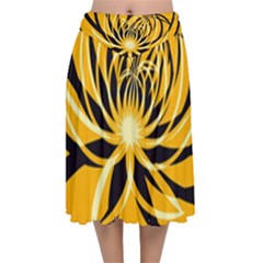 Black Yellow Abstract Floral Pattern Velvet Flared Midi Skirt by SpinnyChairDesigns