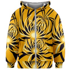 Black Yellow Abstract Floral Pattern Kids  Zipper Hoodie Without Drawstring by SpinnyChairDesigns