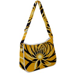 Black Yellow Abstract Floral Pattern Zip Up Shoulder Bag by SpinnyChairDesigns