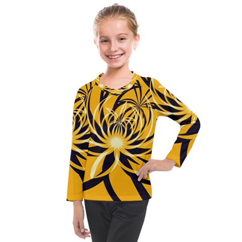 Black Yellow Abstract Floral Pattern Kids  Long Mesh Tee by SpinnyChairDesigns