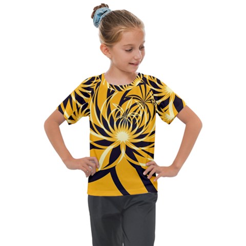 Black Yellow Abstract Floral Pattern Kids  Mesh Piece Tee by SpinnyChairDesigns