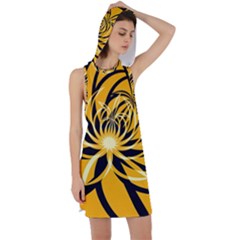 Black Yellow Abstract Floral Pattern Racer Back Hoodie Dress by SpinnyChairDesigns