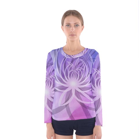 Watercolor Blue Purple Floral Pattern Women s Long Sleeve Tee by SpinnyChairDesigns