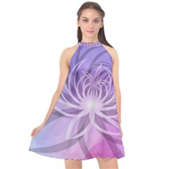 Watercolor Blue Purple Floral Pattern Halter Neckline Chiffon Dress  by SpinnyChairDesigns