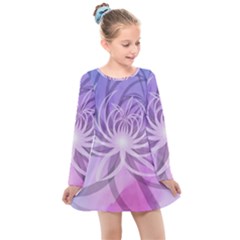 Watercolor Blue Purple Floral Pattern Kids  Long Sleeve Dress by SpinnyChairDesigns