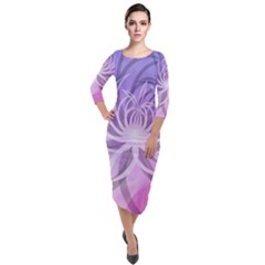 Watercolor Blue Purple Floral Pattern Quarter Sleeve Midi Velour Bodycon Dress by SpinnyChairDesigns