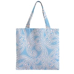 Light Blue And White Abstract Paisley Zipper Grocery Tote Bag by SpinnyChairDesigns