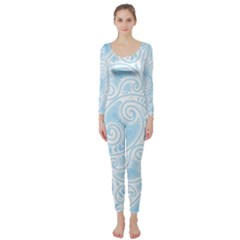 Light Blue And White Abstract Paisley Long Sleeve Catsuit by SpinnyChairDesigns