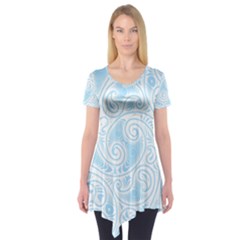 Light Blue And White Abstract Paisley Short Sleeve Tunic  by SpinnyChairDesigns