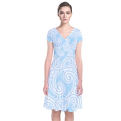 Light Blue And White Abstract Paisley Short Sleeve Front Wrap Dress by SpinnyChairDesigns