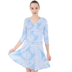 Light Blue And White Abstract Paisley Quarter Sleeve Front Wrap Dress by SpinnyChairDesigns