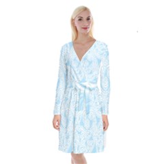 Light Blue And White Abstract Paisley Long Sleeve Velvet Front Wrap Dress by SpinnyChairDesigns