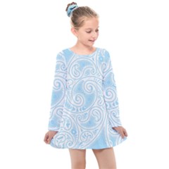 Light Blue And White Abstract Paisley Kids  Long Sleeve Dress by SpinnyChairDesigns