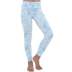 Light Blue And White Abstract Paisley Kids  Lightweight Velour Classic Yoga Leggings by SpinnyChairDesigns