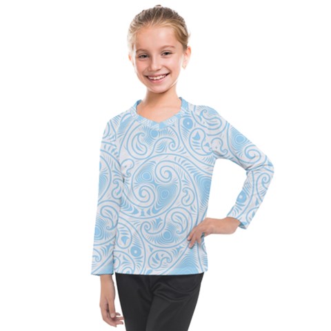 Light Blue And White Abstract Paisley Kids  Long Mesh Tee by SpinnyChairDesigns