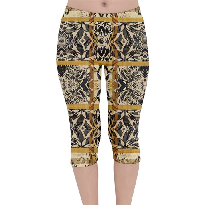 Antique Black and Gold Velvet Capri Leggings 