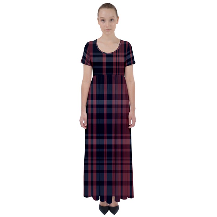 Black and Red Striped Plaid High Waist Short Sleeve Maxi Dress