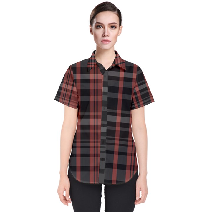 Black and Red Striped Plaid Women s Short Sleeve Shirt