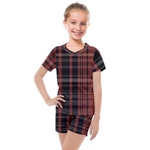 Black And Red Striped Plaid Kids  Mesh Tee And Shorts Set by SpinnyChairDesigns