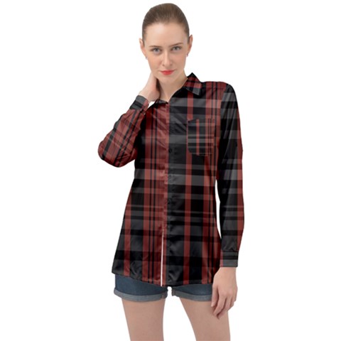 Black And Red Striped Plaid Long Sleeve Satin Shirt by SpinnyChairDesigns