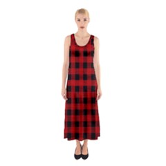 Grunge Red Black Buffalo Plaid Sleeveless Maxi Dress by SpinnyChairDesigns