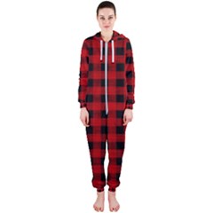 Grunge Red Black Buffalo Plaid Hooded Jumpsuit (ladies)  by SpinnyChairDesigns