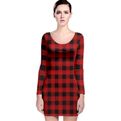 Grunge Red Black Buffalo Plaid Long Sleeve Velvet Bodycon Dress by SpinnyChairDesigns