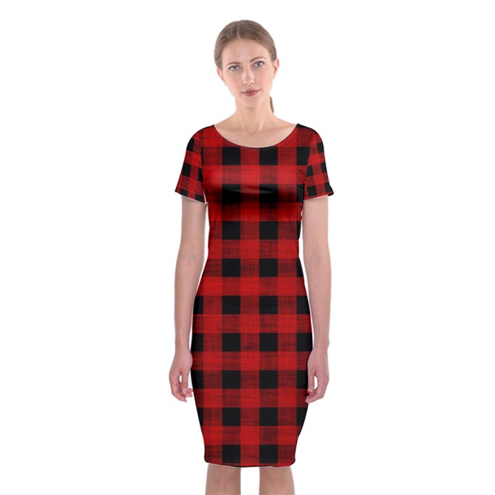 Grunge Red Black Buffalo Plaid Classic Short Sleeve Midi Dress