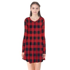 Grunge Red Black Buffalo Plaid Long Sleeve V-neck Flare Dress by SpinnyChairDesigns