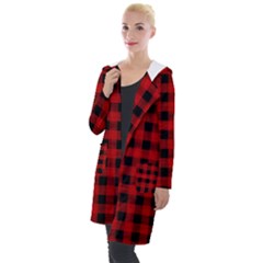 Grunge Red Black Buffalo Plaid Hooded Pocket Cardigan by SpinnyChairDesigns