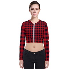 Grunge Red Black Buffalo Plaid Long Sleeve Zip Up Bomber Jacket by SpinnyChairDesigns