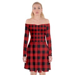 Grunge Red Black Buffalo Plaid Off Shoulder Skater Dress by SpinnyChairDesigns