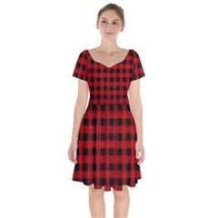 Grunge Red Black Buffalo Plaid Short Sleeve Bardot Dress by SpinnyChairDesigns