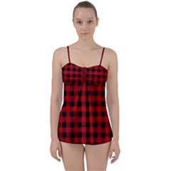 Grunge Red Black Buffalo Plaid Babydoll Tankini Set by SpinnyChairDesigns