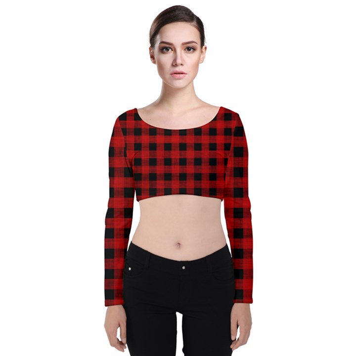 Grunge Red Black Buffalo Plaid Velvet Long Sleeve Crop Top