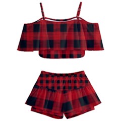 Grunge Red Black Buffalo Plaid Kids  Off Shoulder Skirt Bikini by SpinnyChairDesigns