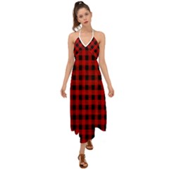 Grunge Red Black Buffalo Plaid Halter Tie Back Dress  by SpinnyChairDesigns