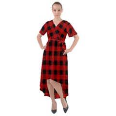 Grunge Red Black Buffalo Plaid Front Wrap High Low Dress by SpinnyChairDesigns