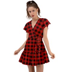 Grunge Red Black Buffalo Plaid Flutter Sleeve Wrap Dress by SpinnyChairDesigns