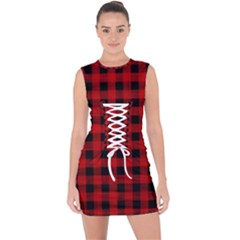 Grunge Red Black Buffalo Plaid Lace Up Front Bodycon Dress by SpinnyChairDesigns