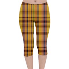 Madras Plaid Yellow Gold Velvet Capri Leggings  by SpinnyChairDesigns