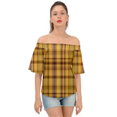 Madras Plaid Yellow Gold Off Shoulder Short Sleeve Top by SpinnyChairDesigns