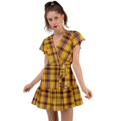 Madras Plaid Yellow Gold Flutter Sleeve Wrap Dress by SpinnyChairDesigns