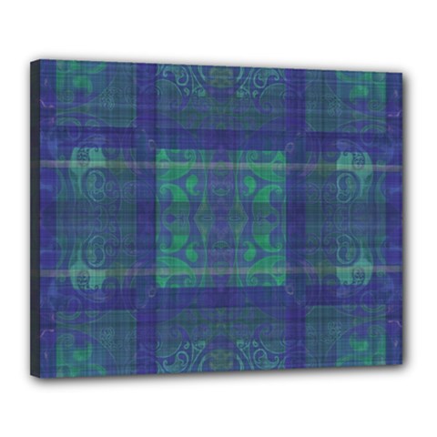 Blue Green Faded Plaid Canvas 20  X 16  (stretched) by SpinnyChairDesigns