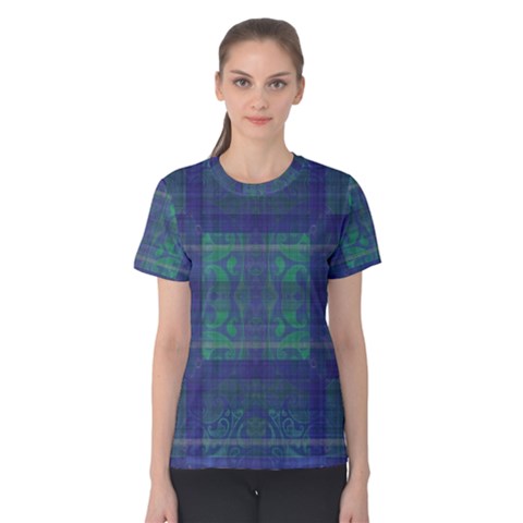 Blue Green Faded Plaid Women s Cotton Tee by SpinnyChairDesigns