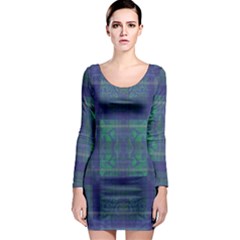 Blue Green Faded Plaid Long Sleeve Bodycon Dress by SpinnyChairDesigns